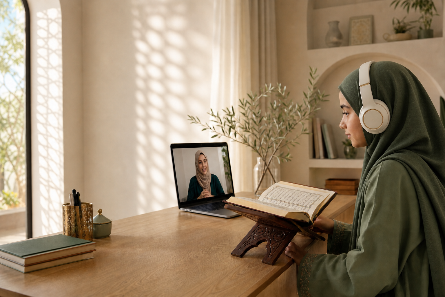 A hijab-wearing student learning the Quran online with her teacher