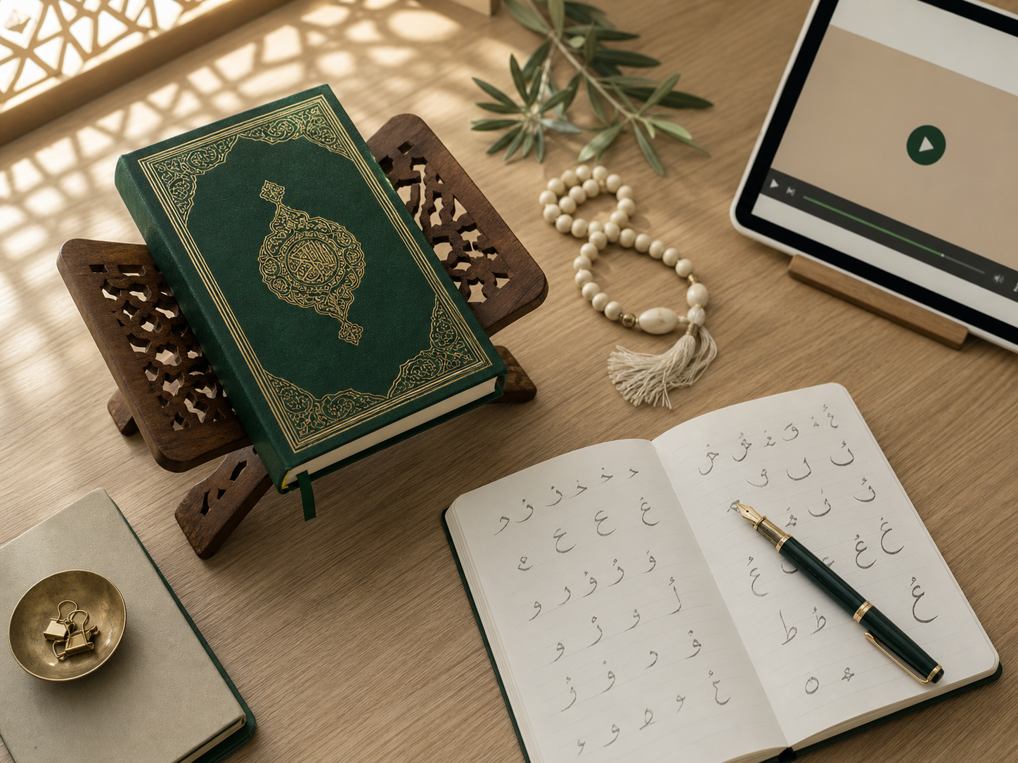 A Quran resting on a wooden rehal beside an Arabic practice notebook and pen in a calm study corner
